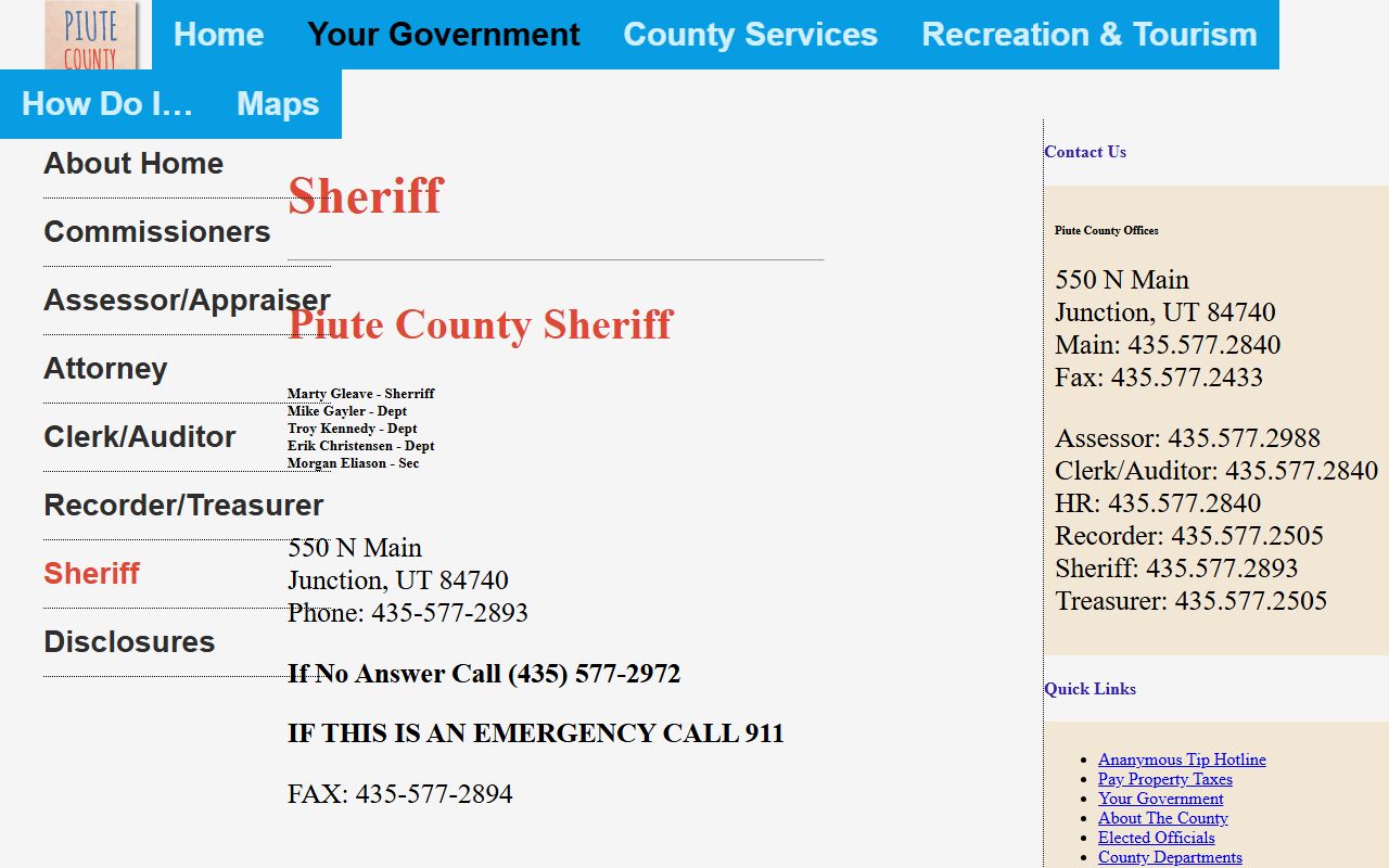 Official Piute County Sheriff page with office address and phone numbers